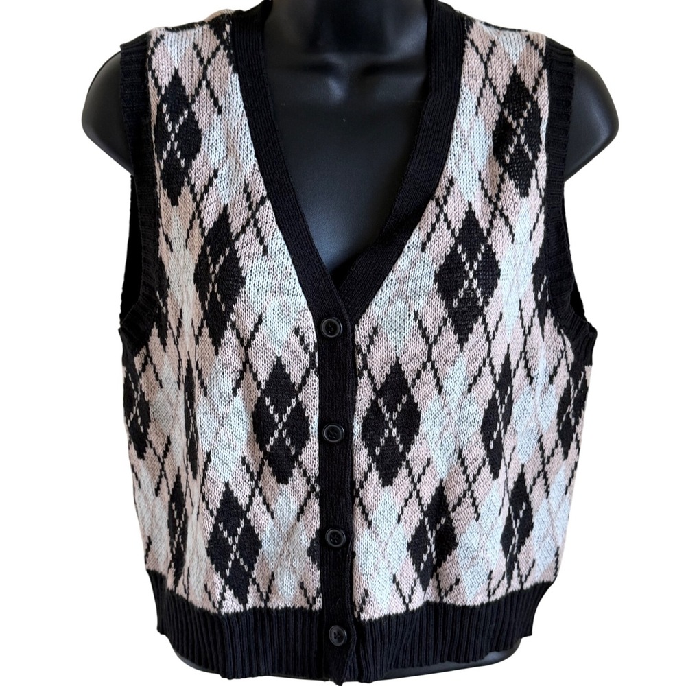 Cottagecore Argyle Knit Sweater Vest Soft Preppy Academia Layering Piece M - Picture 2 of 7